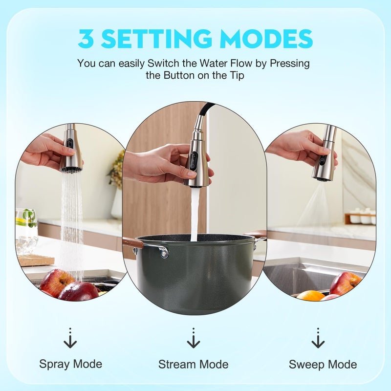 Crea Kitchen Faucet, Pull Down Kitchen Faucets with Sprayer 3 Modes, Uitility Laundry Faucets Single Hole Bar Sink Faucet 360° Swivel High Arc Commercial RV Faucet Stainless Steel - Image 3
